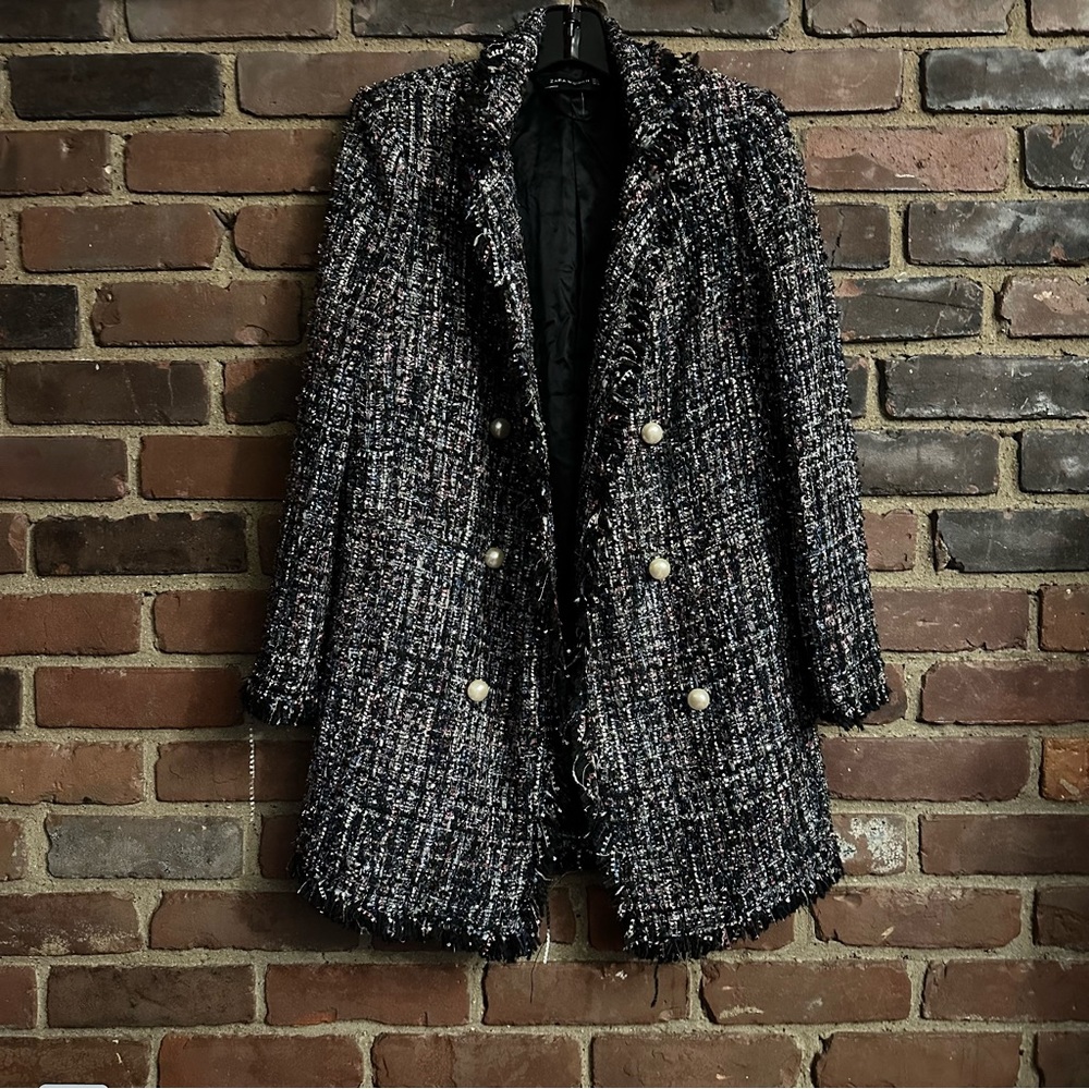 ZARA tweed faux pearl button blazer size small